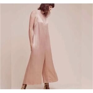 Lacausa for Anthropologie EUC Santi Silky Wide Leg Plunge Neck Blush Jumpsuit M